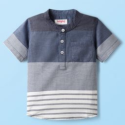 Babyhug Cotton Woven Half Sleeves Mandarin Collar Kurta Stripe Shirt - Navy Blue-picture-27