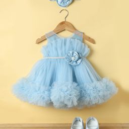 Enfance Sleeveless Floral Applique Ruffle Detailed Knee Length Dress With Headband & Booties Set - Pastel Blue-picture-28