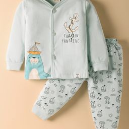 CUCUMBER Sinker Knit Full Sleeves Nautical Theme & Seal Printed Front Open Night Suit - Light Blue-picture-2