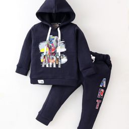 Dapper Dudes Full Sleeves Art Text Printed Light Winter Hooded Tee & Coordinating Track Pants Set - Navy Blue-picture-26