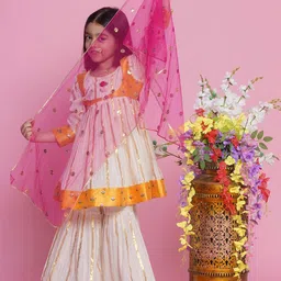 Little Bansi Girls Embroidered Pure Cotton Kurta With Sharara & Dupatta-image-78