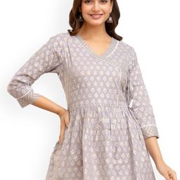 DMP FASHION Floral Printed V-Neck Pure Cotton Angrakha Peplum A-Line Kurti-image-32