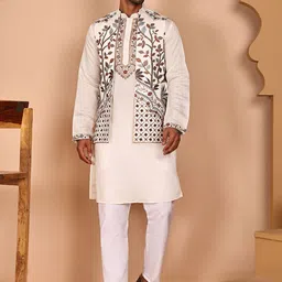 Jompers Men Floral Embroidered Kurta with Pyjama & Waistcoat-picture-53