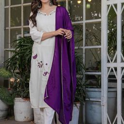 VARNI FABRICS Floral Embroidered Notch Neck Straight Kurta With Trousers & Dupatta-image-71