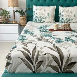 Urban Space Teal Green And White Cotton 200 TC Double Bedsheet with 2 Pillow Covers-41