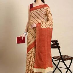 SHANVIKA Beige & Coral Cotton Floral Print Saree With Unstitched Blouse-image-62