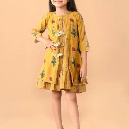LilPicks Kids Mustard Floral Print Dress with Shrug-image-72