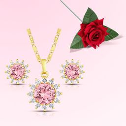 Peora Gold-Plated Cubic Zirconia Studded Floral Shaped Pendant and Earrings With Rose-image-54