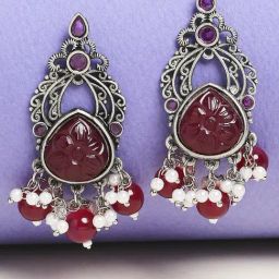 OOMPH Jewellery Oxidized Silver Maroon Red Stone with Beads Ethnic Drop-3