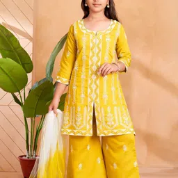 BAESD Girls Floral Embroidered Regular Pure Silk Kurta with Palazzos & With Dupatta-image-94