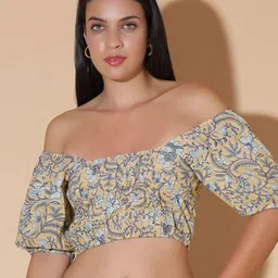 MOSHI Women Floral Print Off-Shoulder Puff Sleeve Cotton Empire Crop Top-image-21