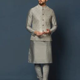 KISAH Grey Regular Fit Self Pattern Kurta Set With Jacket-picture-12