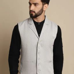 Even Grey Regular Fit Striped Notch Lapel Waistcoat-image-35