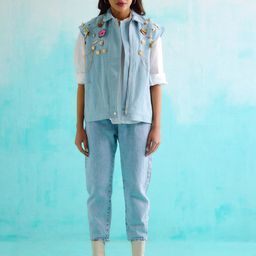 BETRUE Women Floral Studded Denim Sleeveless Tailored Jacket-54