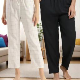 Kryptic Black & White Cotton Relaxed Fit Printed Lounge Pants - Pack of 2-image-85