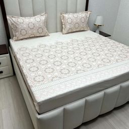 Pure Decor Peach-Coloured & White Ethnic Motifs 250 TC Queen Bedsheet with 2 Pillow Covers-image-64