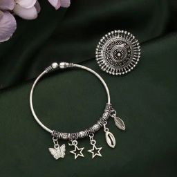 Aatmana Oxidized German Silver-Plated Charm Bracelet & Ring Combo-29