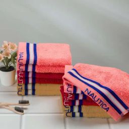 Nautica Vintage Crew Stripe Coral, Burgundy & Beige Cotton 500 GSM Zero Twist Face Towel - Set of 12-12
