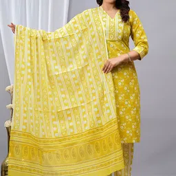 Vasjac Floral Printed V-Neck Sequinned Cotton Straight Kurta With Trousers & Dupatta-image-83
