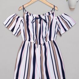 Budding Bees Cold Shoulder Half Sleeves Striped Playsuit - Multi Colour-image-59
