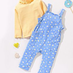 Babyhug 100% Cotton Full Sleeves Tee & Dungaree Set Flower Print- Yellow & Blue-image-79