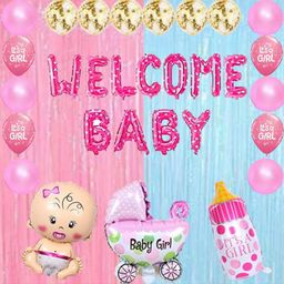Bubble Trouble Its a Girl Baby Shower Decoration Items Combo with A Welcome Baby Foil Balloon Fringe Pastel Curtains Cradle Foil Balloon Bottle Foil Balloon for Its a Girl Newborn Baby - 32 Pcs-8