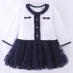 ToffyHouse Cotton Interlock Supercombed Full Sleeves Party Frock With Frill Detailing - White-picture-34