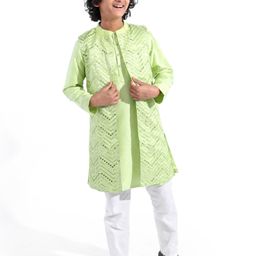 Pine Kids Woven Full Sleeves Solid Colour Kurta & Pajama Set with Mirror Worked Jacket - Lime Green-image-66