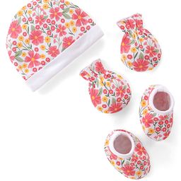 Babyhug 100% Cotton Knit Cap Mittens & Booties Set Floral Print- Multicolour-image-97