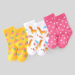Cute Walk By Babyhug Anti-Bacterial Ankle Length Socks Floral & Giraffe Design Pack Of 3 - Pink White & Yellow-image-41