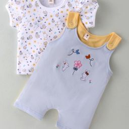 ToffyHouse Cotton Dungaree Style Romper with Half Sleeves Inner Tee Bunny & Floral Print & Embroidery - Blue & White-image-8