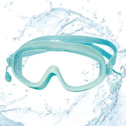 KARBD Swimming Goggles Large Frame Wide View Big Glasses with Connected Ear Plugs - Aqua Green White-image-17