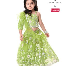 Babyhug Woven One Shoulder  Sleeves Sequenced Floral Embroidered Lehenga Choli Set with Frill Net Dupatta - Green-image-81
