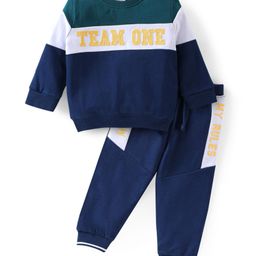 Babyhug Cotton Knit Full Sleeves Color Block T-Shirt & Lounge Pants Set With Text Print - Blue-86