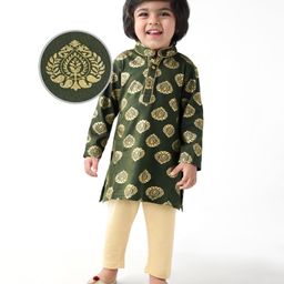 EARTHY TOUCH Single Jersey Knit Full Sleeves Ajrakh Printed Kurta Pyjama Set - Dark Green-image-83