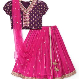 Babyhug Woven Short Sleeves Floral Printed Choli With Sequin Embroidered Lehenga & Dupatta Set - Fuschia-picture-6
