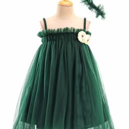 Enfance Sleeveless Floral Applique Solid Dress With Headband - Bottle Green-image-19