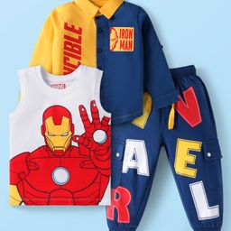 Babyhug Marvel Cotton Knit Full Sleeve Shirt With T-Shirt & Lounge Pant Set With Avengers Graphics - Blue Red Yellow-image-79