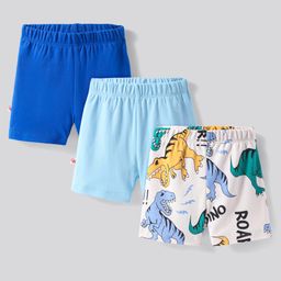 Bonfino 100% Cotton Knit Above Knee Length Shorts With Solid Colour & Dino Print Pack of 3 - Blue & Off White-image-50