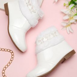 Tiny Bugs Butterfly Designed & Fur Detailed Party Wear Boots - White-picture-18