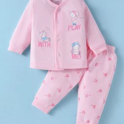 Zero Interlock Knit Full Sleeves T-Shirt & Lounge Pant Set with Bear Print - Baby Pink-image-29