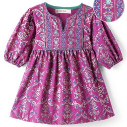 EARTHY TOUCH Single Jersey Knit Three Fourth Sleeves Ethnic Dress With Floral Foil Print - Purple-picture-15