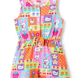 Babyhug Cotton Knit Sleeveless Jumpsuit with Jungle Theme Print & Bow Applique - Multicolor-image-38