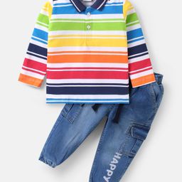 Babyhug Single Jersey Knit Full Sleeves Striped Polo T-Shirt & Denim Jeans Set With Happy Print - Red & Blue-image-87