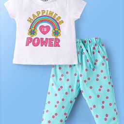 Doodle Poodle 100% Cotton Knit Half Sleeves NightsuitWith Happiness Is Power Text & Floral Print - White & Light Blue-image-37