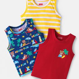 Babyhug 100% Cotton Knit Sleeveless Antibacterial Sandos Striped & Beach Theme Print Pack of 3 - Yellow Red Navy Blue-image-37