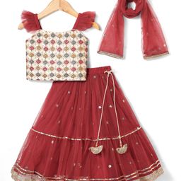 Babyhug Woven Sleeveless Choli Lehenge Set with Dupatta Sequin & Embroidery Design -Maroon-image-28