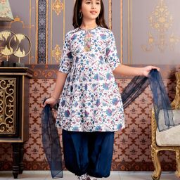 Aarika Three Fourth Sleeves Floral Printed Beads Embellished Kurta Salwar With Dupatta Set - Teal Blue & White-image-35