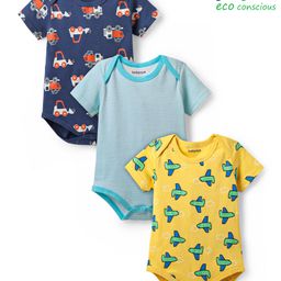 Babyoye 100% Cotton Knit Half Sleeves Striped & Vehicles Printed Onesies Pack of 3 - Yellow Light & Navy Blue-image-5