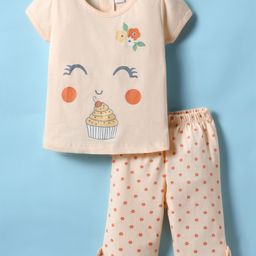Tango Single Jersey Knit Half Sleeves Capri Night Suit with Cup Cake & Floral Print - Peach-image-19